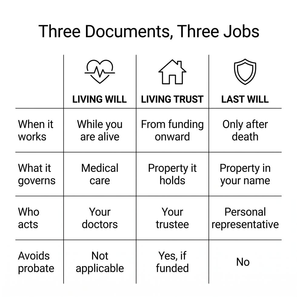  Chart comparing a Florida living will, living trust, and last will by timing, subject, who acts, and probate
