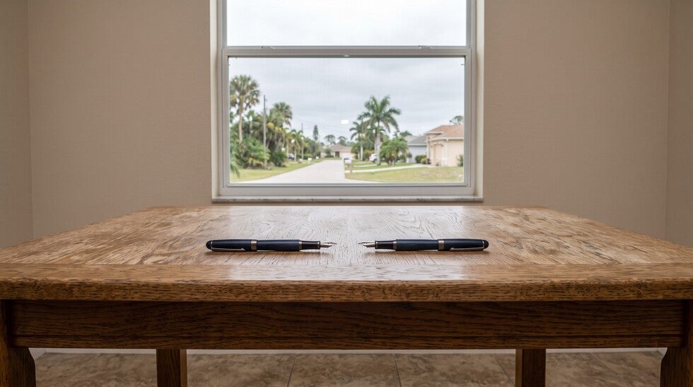 Two fountain pens on a bare table in a Punta Gorda home, representing the two witnesses Florida requires for a valid will