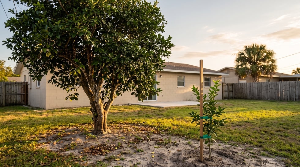 A mature grapefruit tree and a young staked citrus sapling in the back yard of a Fort Myers home, representing a Florida homestead passing to the next generation"