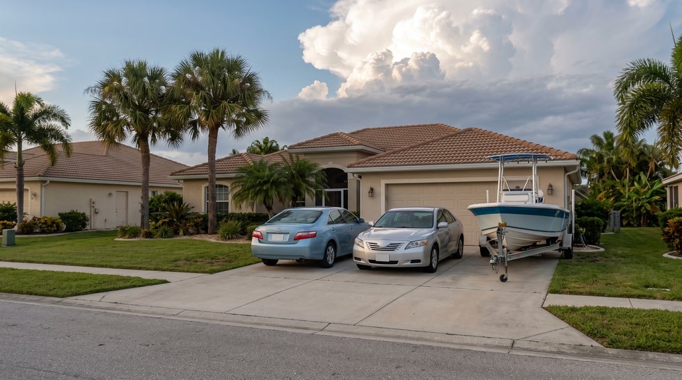 Two cars and a boat on a trailer in a Punta Gorda driveway.