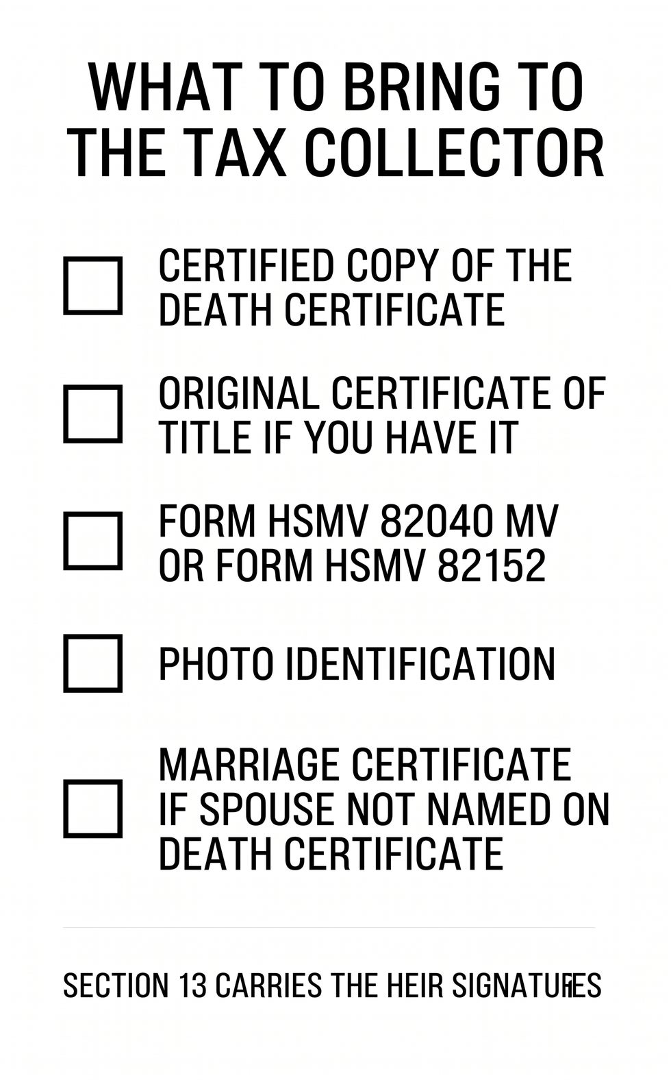 Checklist of documents needed for a Florida vehicle title transfer after death.
