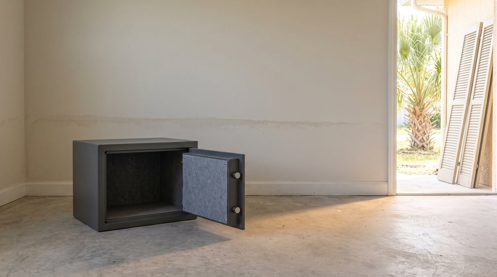 Open empty home document safe on a bare floor in Bonita Springs with a flood line on the wall, representing a lost will in Florida