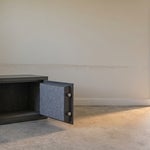 Open empty home document safe on a bare floor in Bonita Springs with a flood line on the wall, representing a lost will in Florida
