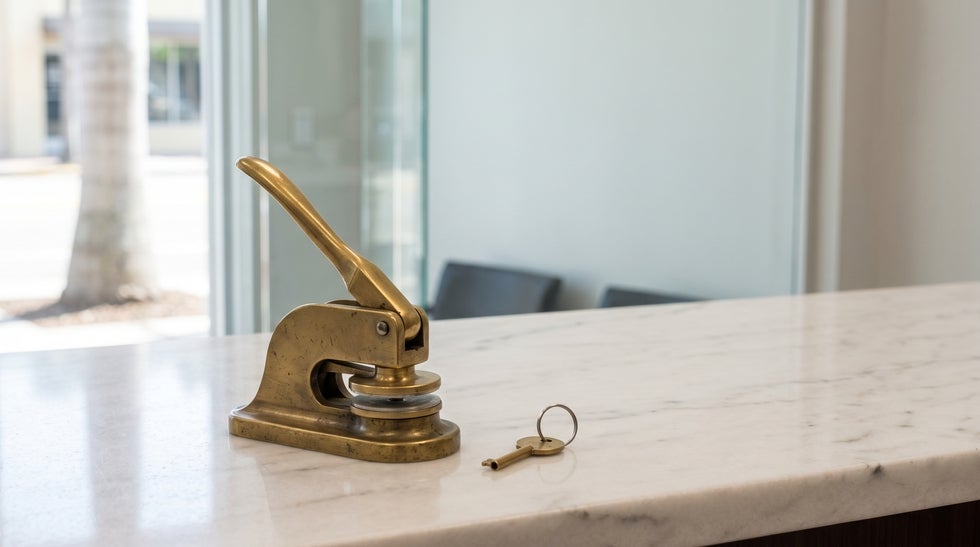 Brass embossing seal press and a safe deposit key on a bank counter in Fort Myers, representing letters of administration in Florida