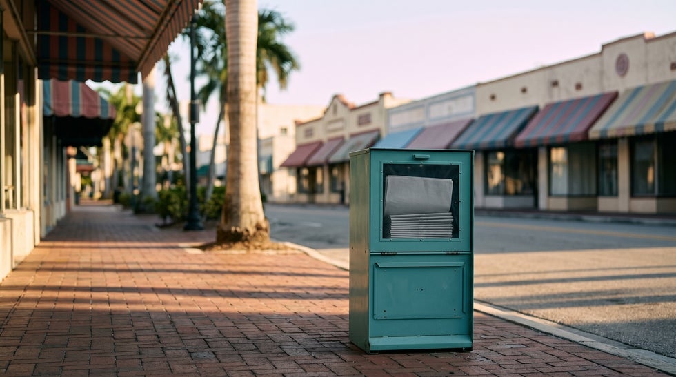 Newspaper vending box on a downtown Fort Myers sidewalk at sunrise, representing the published notice to creditors that opens a Florida formal administration