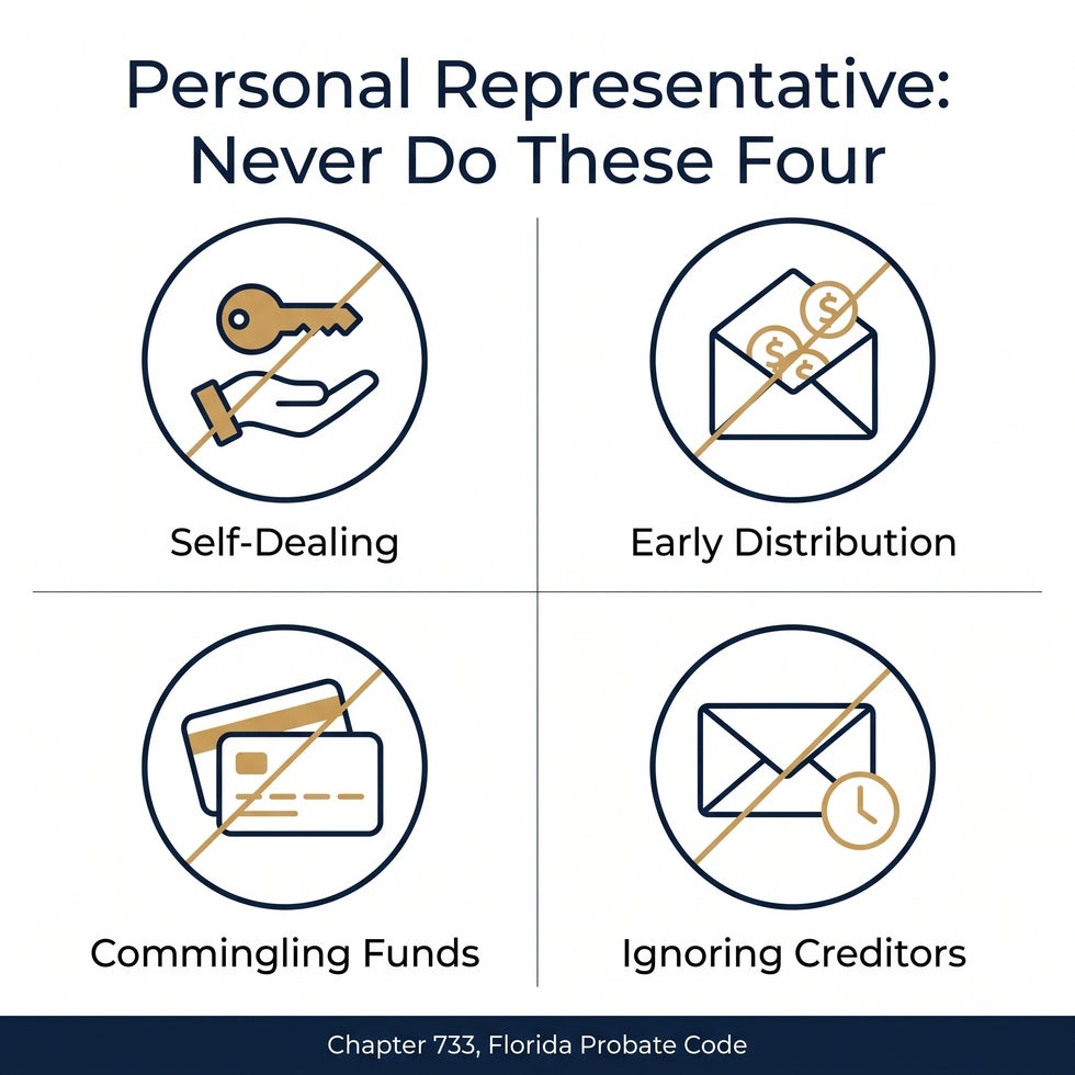 Four acts a Florida personal representative must never do: self-dealing, early distribution, commingling funds and ignoring creditors