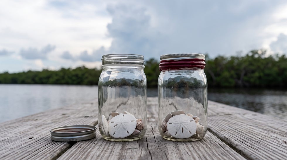 Two glass jars on a riverside picnic table in Estero, one open and one sealed, representing a revocable and an irrevocable trust in Florida
