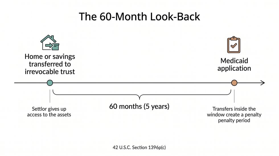 Timeline showing a transfer to an irrevocable trust, the 60-month Medicaid look-back period, and the application date