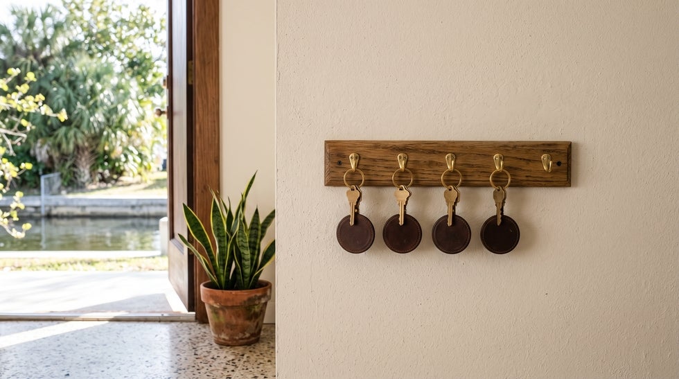 Key rack inside a Cape Coral home with four house keys and one empty hook, representing heirs who must all sign to sell inherited property in Florida