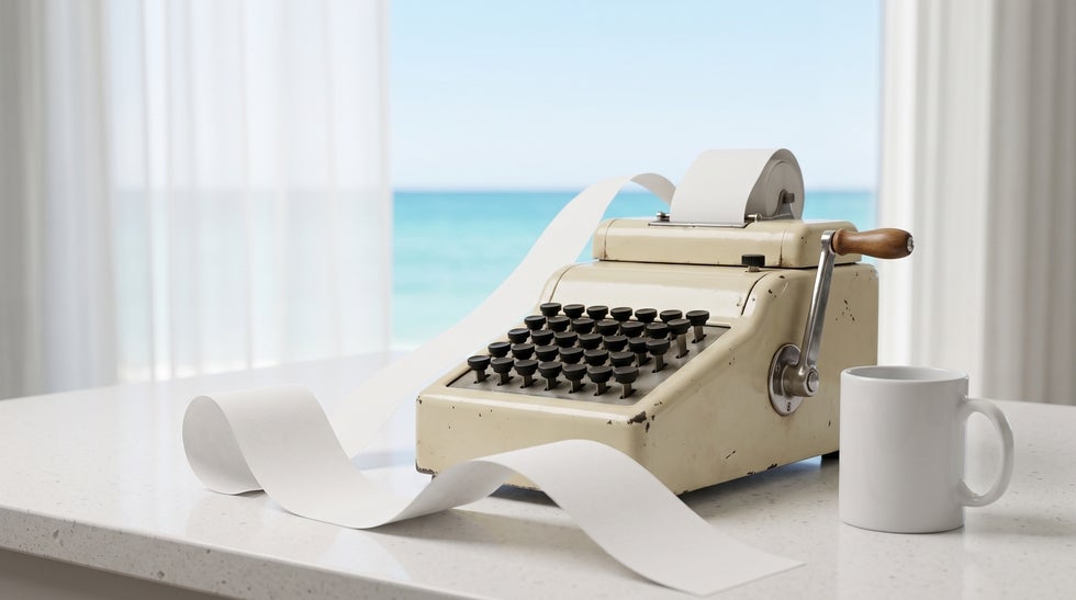 Vintage adding machine with a blank paper tape on a Marco Island kitchen counter, representing adding up the cost of probate in Florida