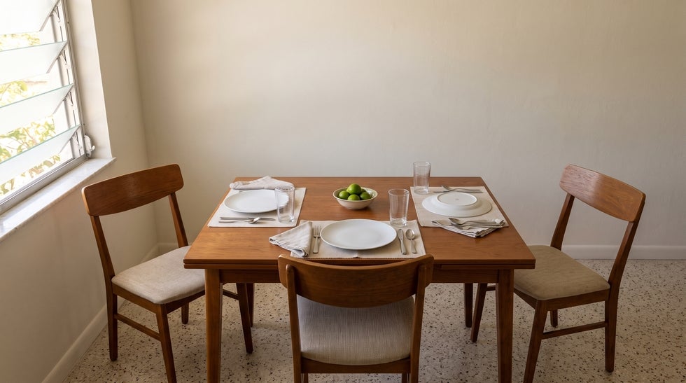 Dining table in a Fort Myers bungalow set for one, with a second place laid and its plate turned face down, representing a Florida Lady Bird deed that names a beneficiary now but transfers the home only at death