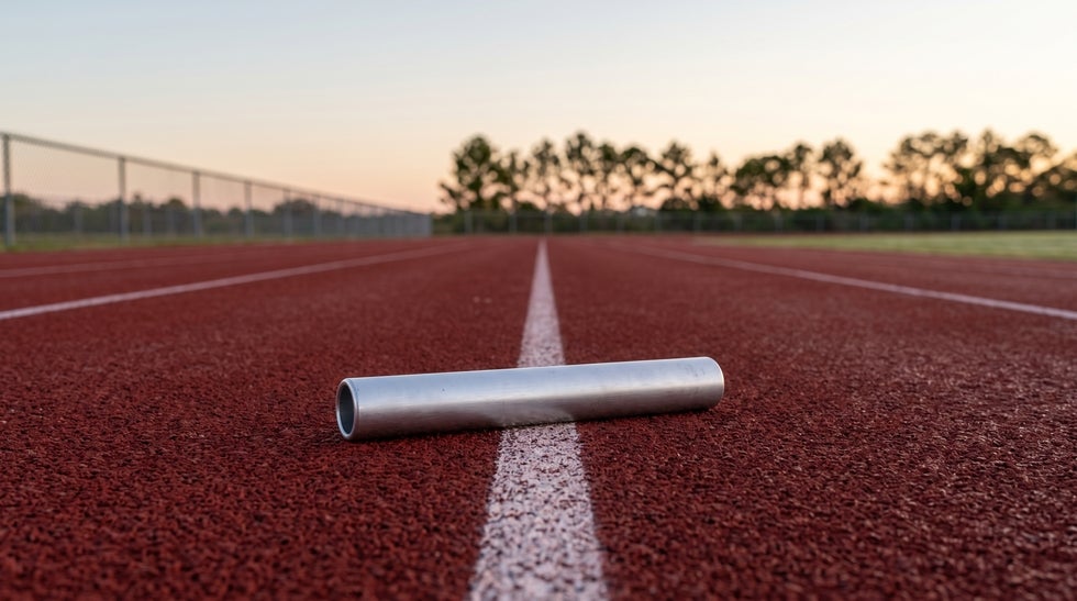 Blank relay baton on the lane line of an empty Cape Coral running track at dawn, representing a Florida successor trustee taking over trust administration after a death