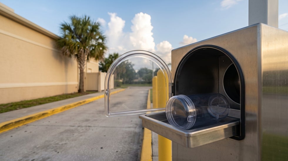 Empty pneumatic carrier at a Lehigh Acres bank drive-up lane, representing a deceased person’s bank account in Florida waiting to be released