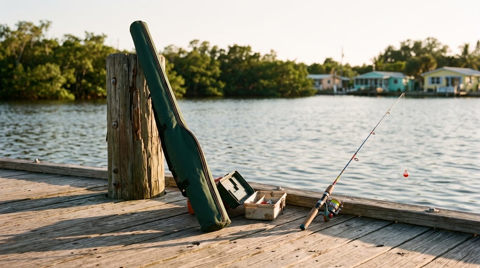 An adult fishing rod left in its closed case beside a child’s rigged rod on a Matlacha dock, representing an inheritance refused so it passes to the next generation