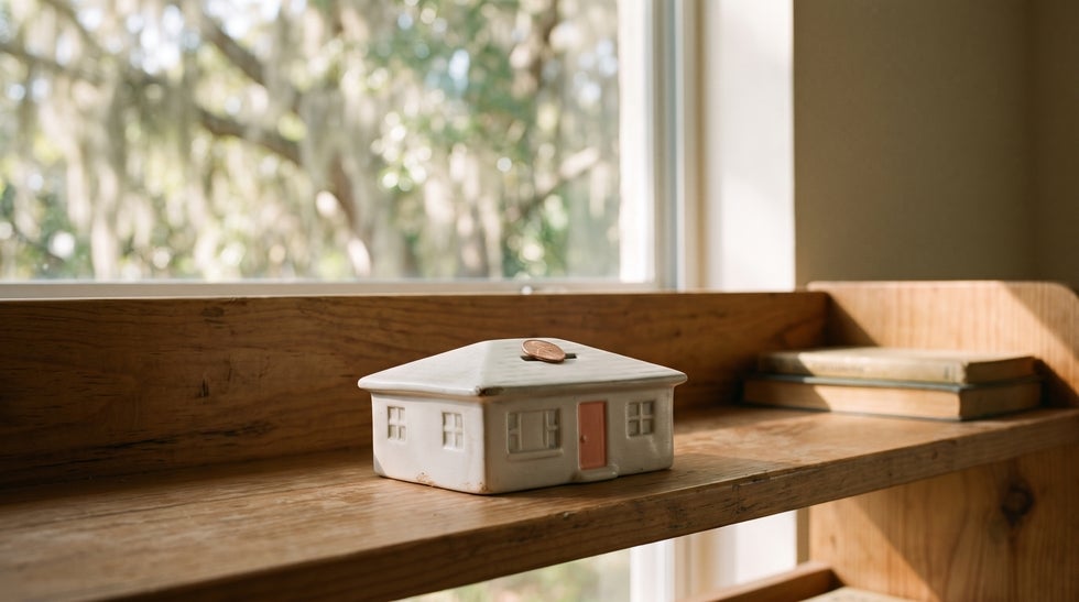 A house-shaped coin bank with a coin on its roof on a Punta Gorda bookshelf, representing an inherited Florida home that still carries a mortgage