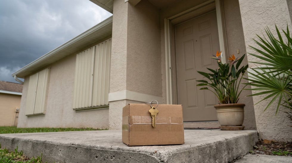 A house key resting on a shipping box on the front step of a shuttered Estero villa, representing an inherited Florida home managed by heirs who live out of state