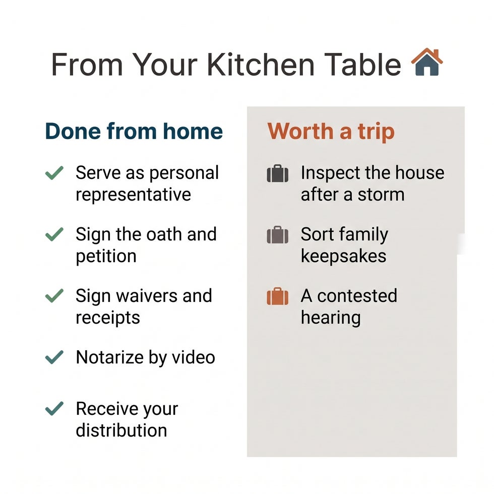 Chart of Florida probate tasks an out-of-state heir can do from home, such as serving as personal representative and notarizing by video, beside the few worth a trip, such as inspecting the house after a storm