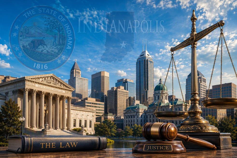Downtown Indianapolis with scales of justice