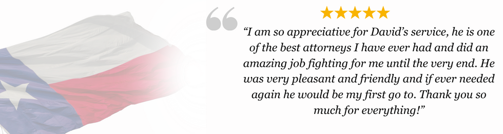 Five-star client review for San Marcos criminal defense attorney David S. Watts with Texas  flag