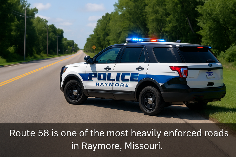 Raymore police vehicle monitoring traffic on Route 58