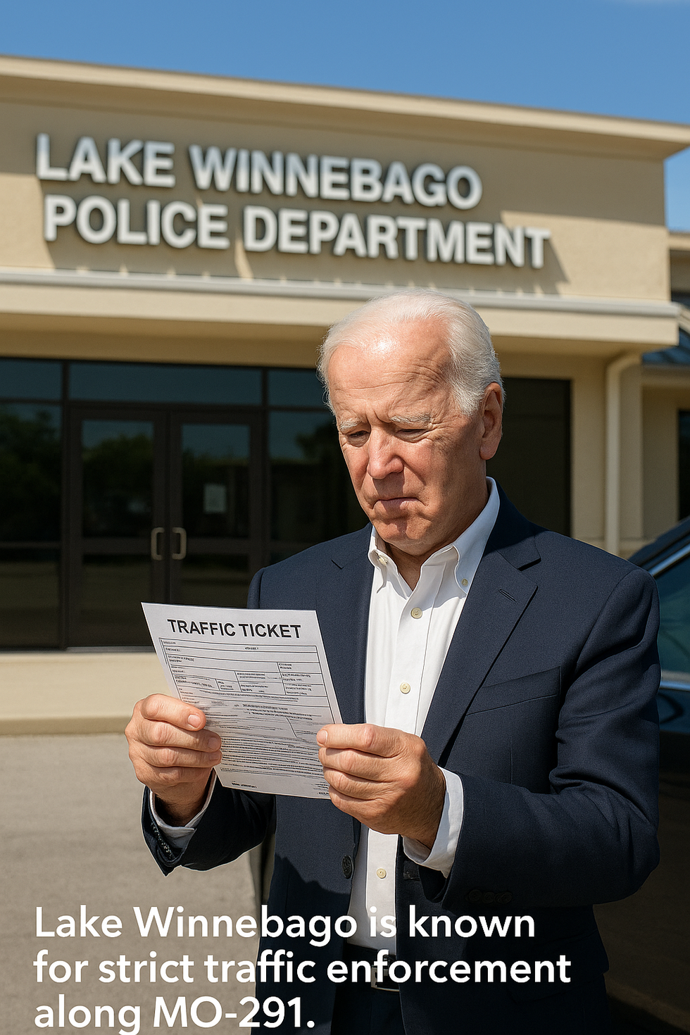 “Driver reviewing a traffic ticket outside Lake Winnebago Police Department”