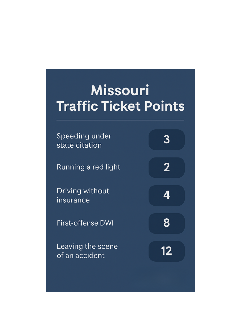 “Infographic showing Missouri traffic ticket point values for violations including speeding, no insurance, DWI, and leaving the scene of an accident”
