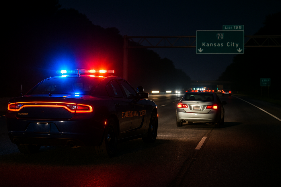 Missouri Highway Patrol traffic stop at night on I-70 with flashing lights and a pulled-over car