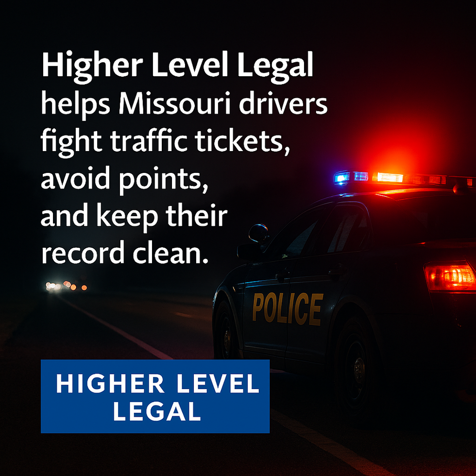 Police cruiser at night with Higher Level Legal branding, promoting Missouri traffic ticket defense