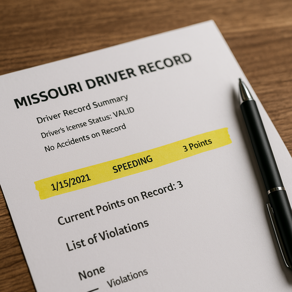 Missouri driver record with speeding ticket and point summary