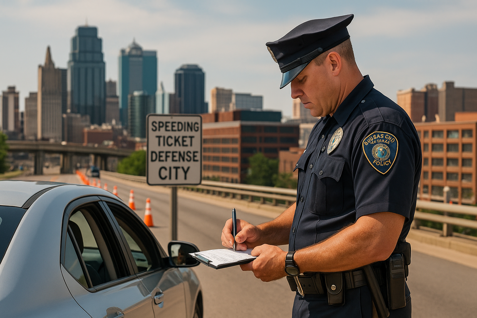 Kansas City police officer writing a speeding ticket with downtown skyline in the background
