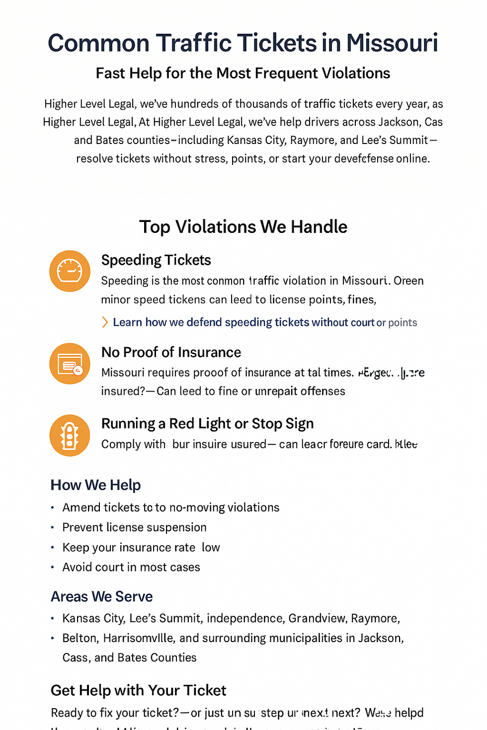Screenshot of the Higher Level Legal webpage for common Missouri traffic tickets