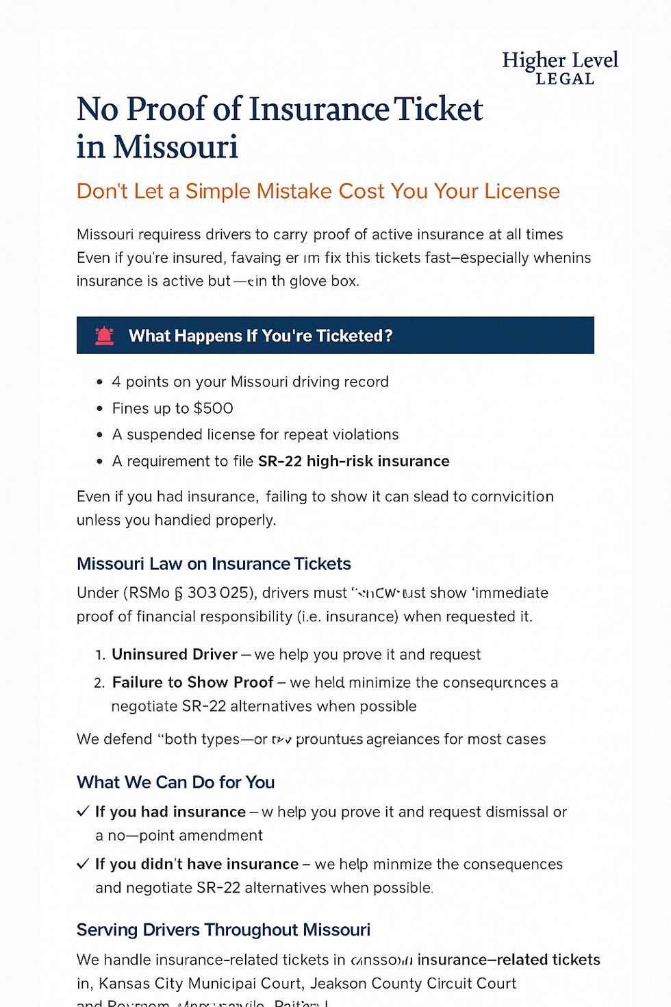 Screenshot of legal guidance for no insurance tickets in Missouri from a traffic attorney site