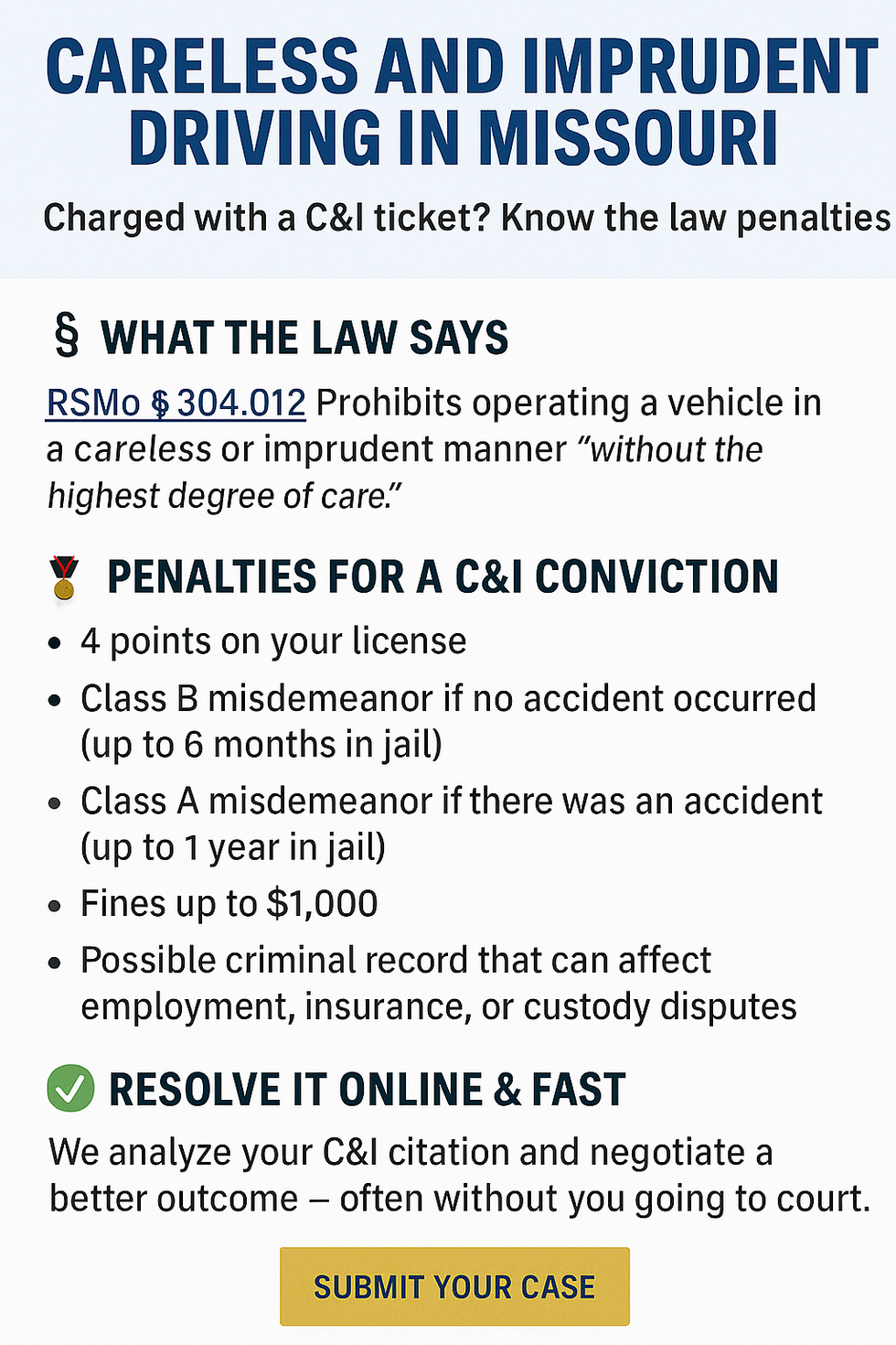 Screenshot of a Missouri legal webpage for careless and imprudent driving ticket defense