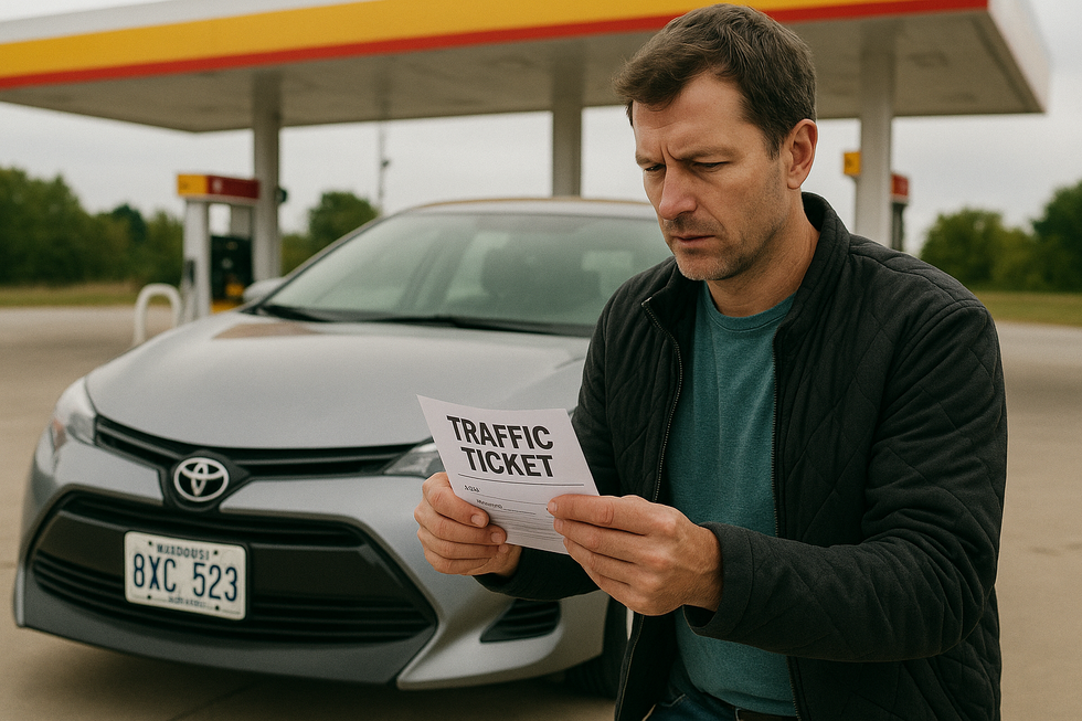 Out-of-state driver reading a traffic ticket at Missouri gas station