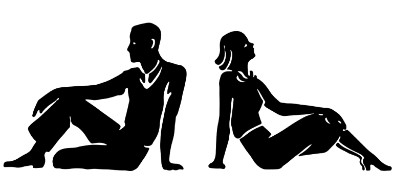 Drawing of man and woman sitting, facing away from each other.