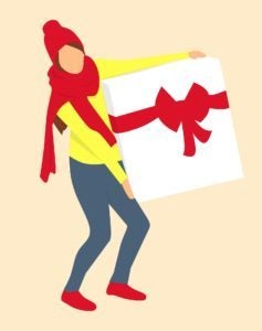 Drawing of person holding gift box.