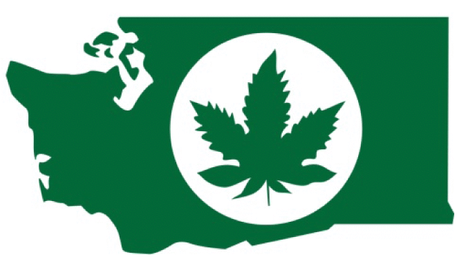 The state of Washington with a marijuana leaf symbol in the center.